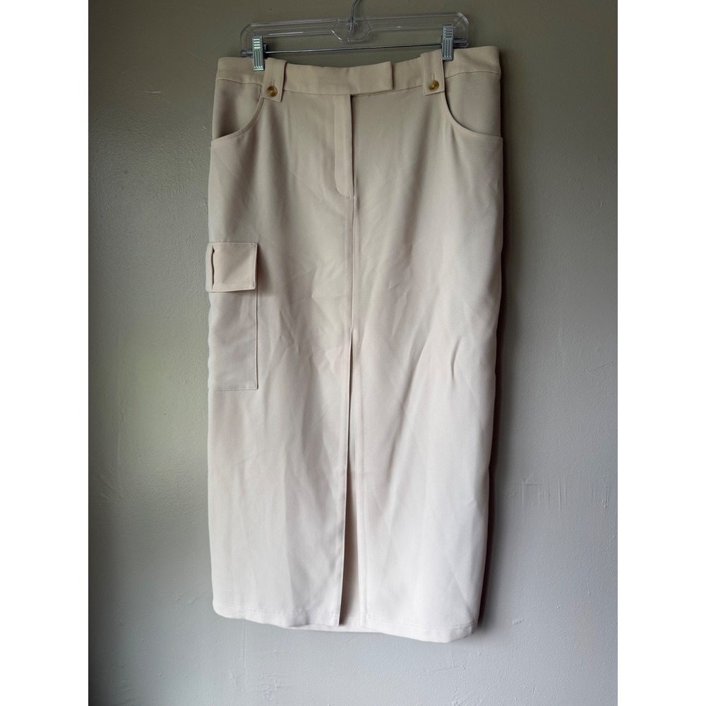 Express Womens Cream Utility Cargo Midi Skirt High Waisted Front Slit Neutral 12